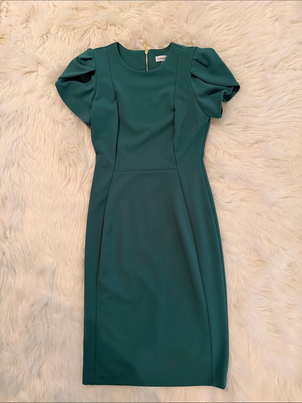 Calvin Klein Teal Puff Sleeve Midi Sheath Dress
